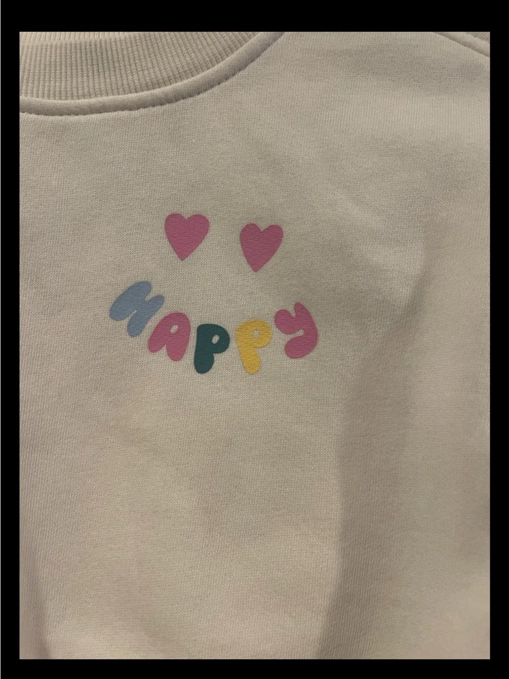 Old Navy Cream Sweatshirt with Colorful 'HAPPY' and Pink Hearts Size Small 6-7